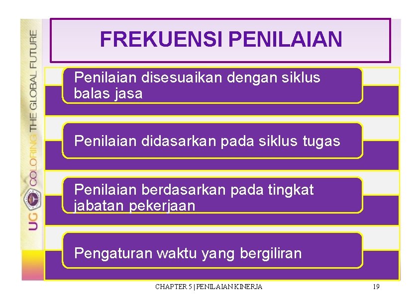 FREKUENSI PENILAIAN Penilaian disesuaikan dengan siklus balas jasa Penilaian didasarkan pada siklus tugas Penilaian