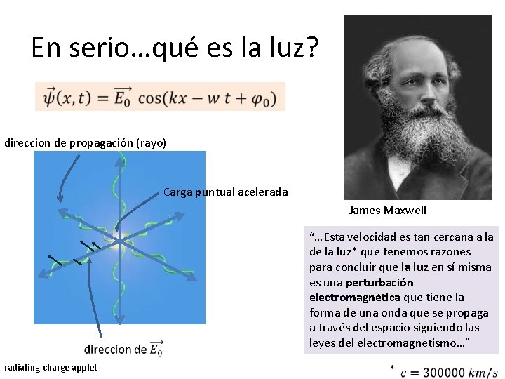 En serio…qué es la luz? direccion de propagación (rayo) Carga puntual acelerada James Maxwell