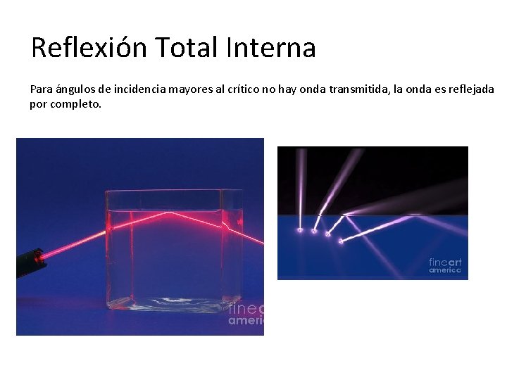 Reflexión Total Interna Para ángulos de incidencia mayores al crítico no hay onda transmitida,