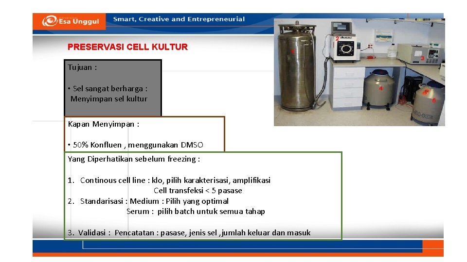 PRESERVASI CELL KULTUR Tujuan : • Sel sangat berharga : Menyimpan sel kultur Kapan