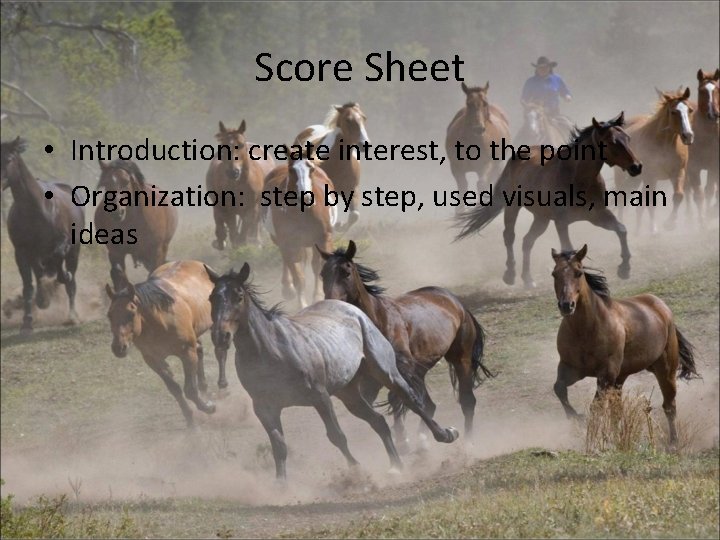 Score Sheet • Introduction: create interest, to the point • Organization: step by step,