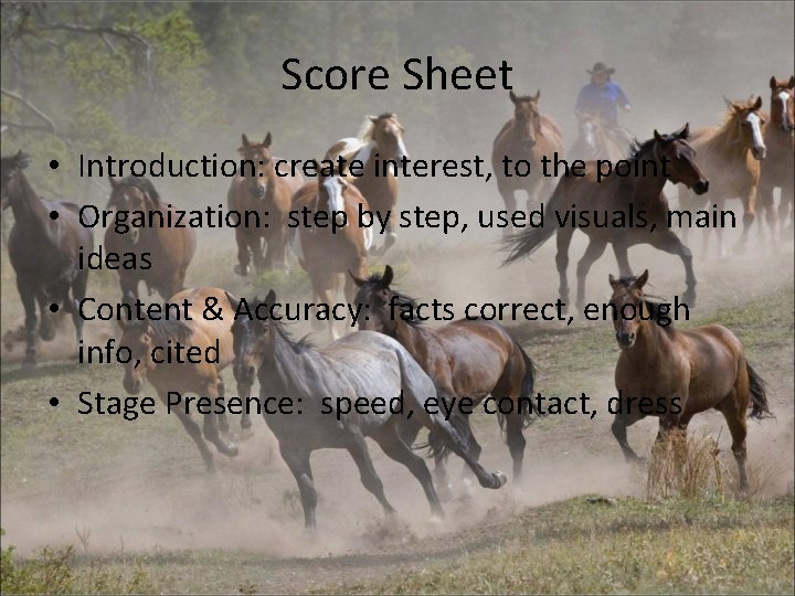 Score Sheet • Introduction: create interest, to the point • Organization: step by step,