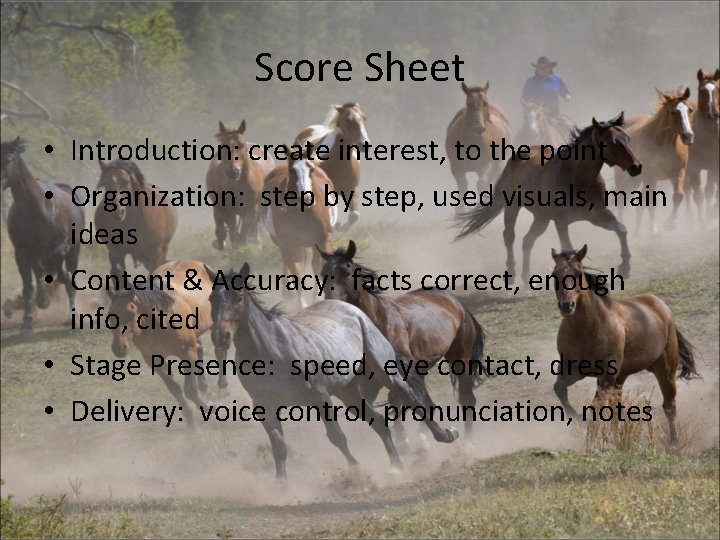 Score Sheet • Introduction: create interest, to the point • Organization: step by step,