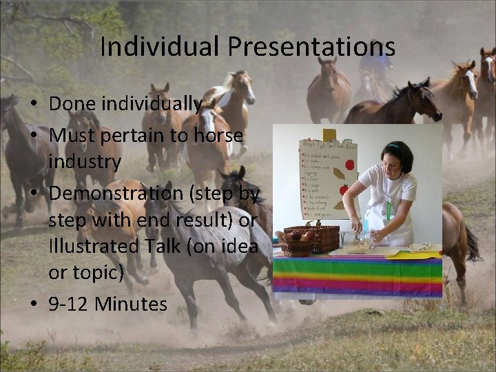 Individual Presentations • Done individually • Must pertain to horse industry • Demonstration (step