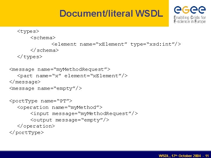 Document/literal WSDL <types> <schema> <element name=“x. Element” type=“xsd: int”/> </schema> </types> <message name=“my. Method.