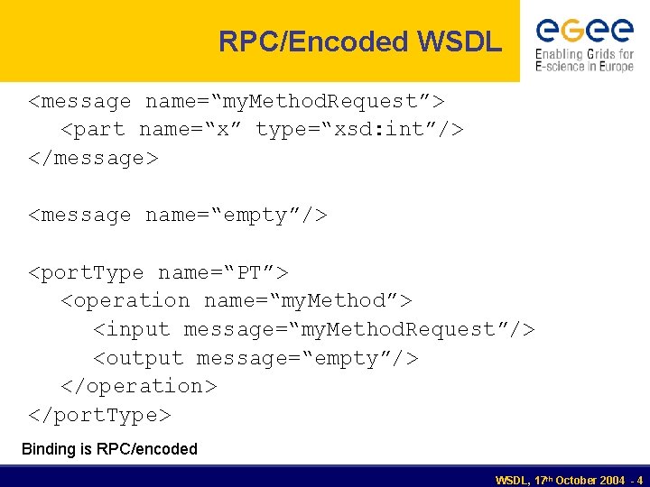 RPC/Encoded WSDL <message name=“my. Method. Request”> <part name=“x” type=“xsd: int”/> </message> <message name=“empty”/> <port.