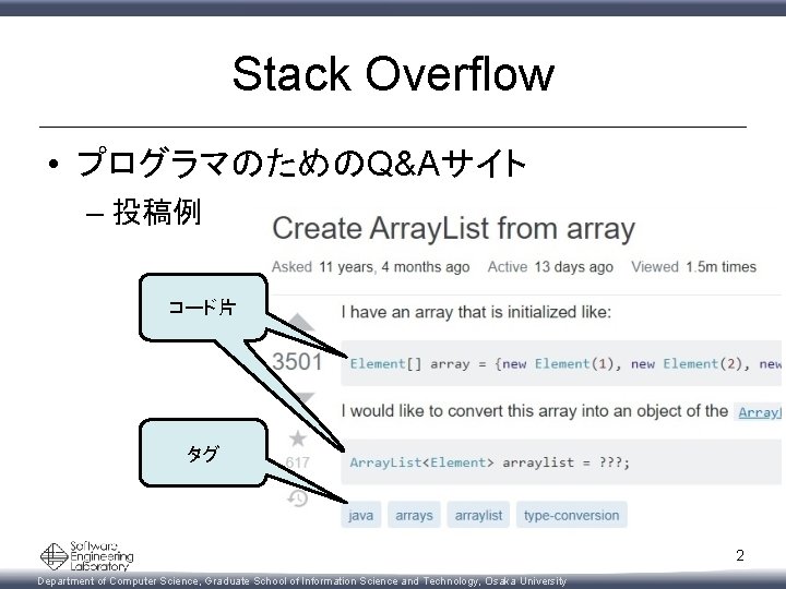 Stack Overflow • プログラマのためのQ&Aサイト – 投稿例 コード片 タグ 2 Department of Computer Science, Graduate