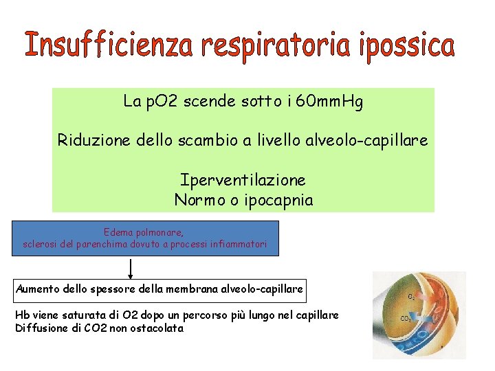 La p. O 2 scende sotto i 60 mm. Hg Riduzione dello scambio a