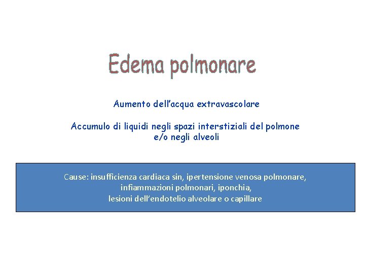 Aumento dell’acqua extravascolare Accumulo di liquidi negli spazi interstiziali del polmone e/o negli alveoli