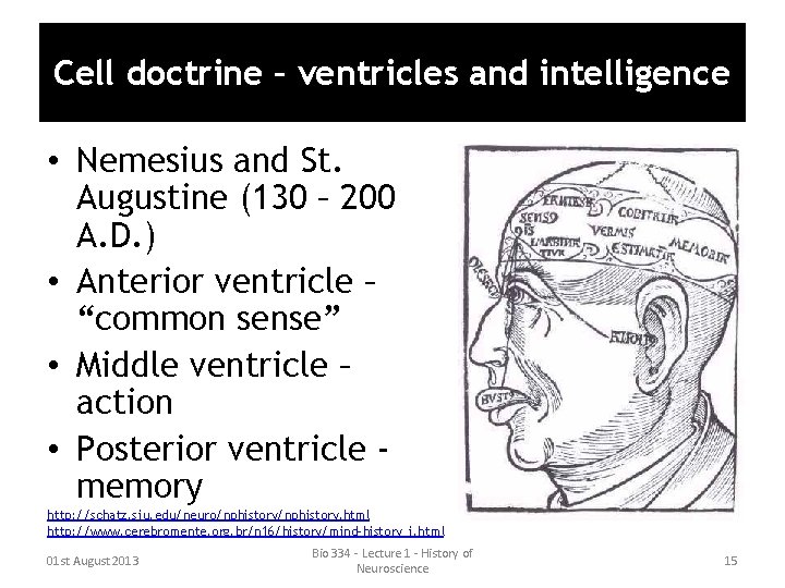 Cell doctrine – ventricles and intelligence • Nemesius and St. Augustine (130 – 200 Cell doctrine – ventricles and intelligence • Nemesius and St. Augustine (130 – 200