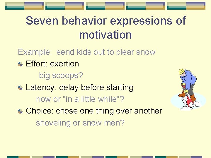 Seven behavior expressions of motivation Example: send kids out to clear snow Effort: exertion