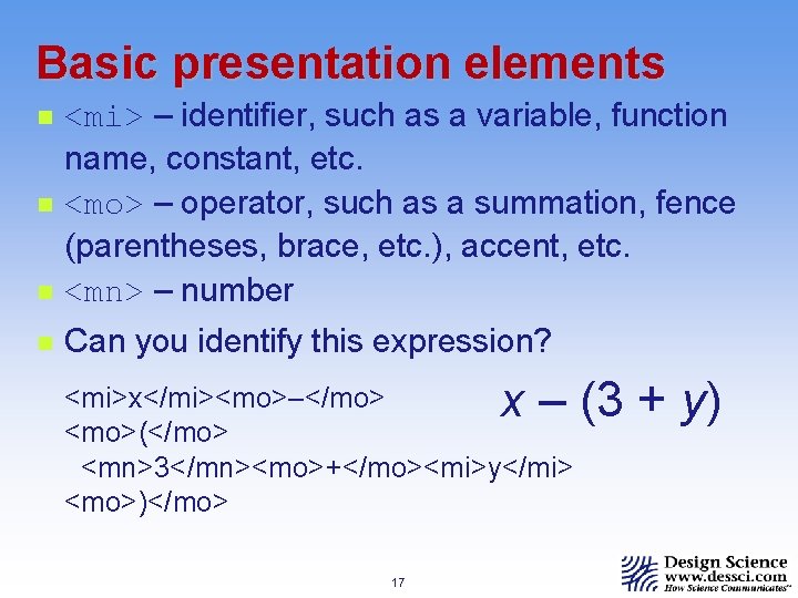Basic presentation elements n <mi> – identifier, such as a variable, function name, constant,