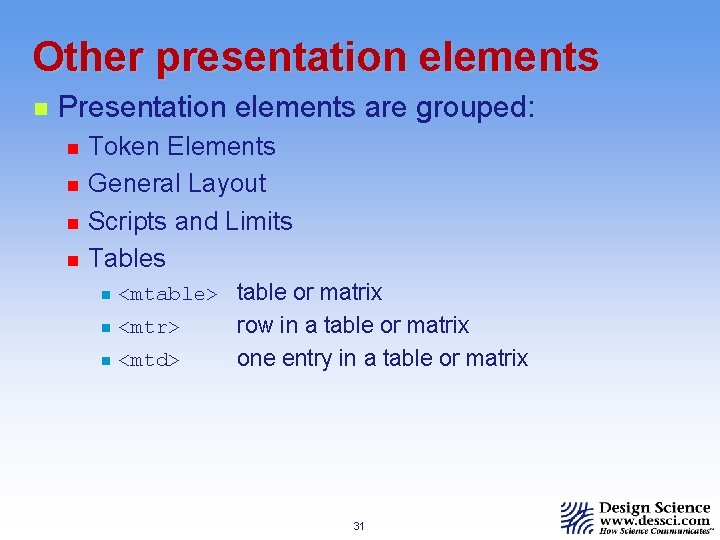 Other presentation elements n Presentation elements are grouped: n n Token Elements General Layout