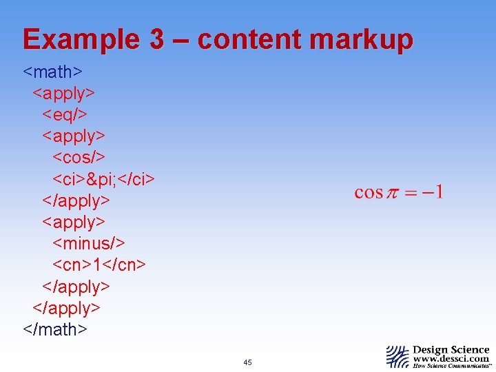 Example 3 – content markup <math> <apply> <eq/> <apply> <cos/> <ci>π </ci> </apply> <minus/>