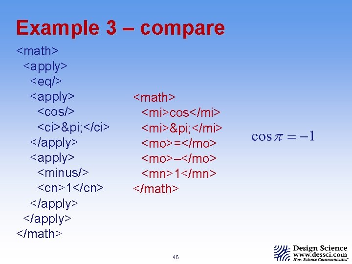 Example 3 – compare <math> <apply> <eq/> <apply> <cos/> <ci>π </ci> </apply> <minus/> <cn>1</cn>