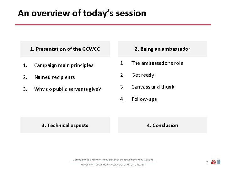 An overview of today’s session 1. Presentation of the GCWCC 2. Being an ambassador