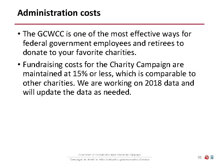Administration costs • The GCWCC is one of the most effective ways for federal