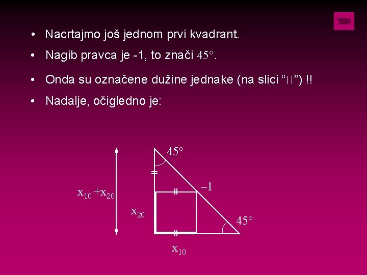  • Nacrtajmo još jednom prvi kvadrant. • Nagib pravca je -1, to znači