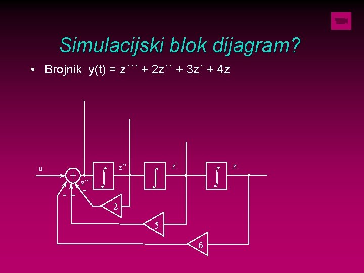 Simulacijski blok dijagram? • Brojnik y(t) = z´´´ + 2 z´´ + 3 z´