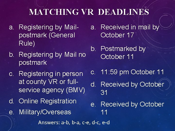 MATCHING VR DEADLINES a. Registering by Mailpostmark (General Rule) a. Received in mail by