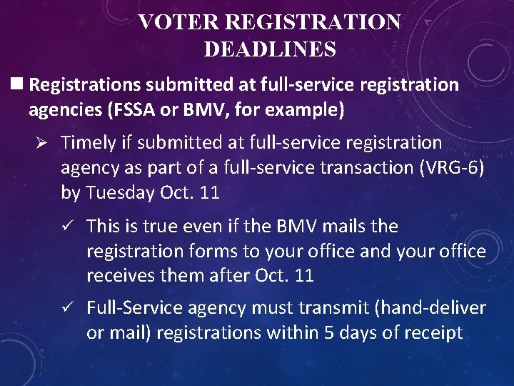 VOTER REGISTRATION DEADLINES n Registrations submitted at full-service registration agencies (FSSA or BMV, for