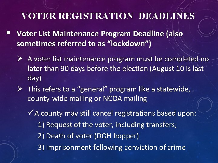 VOTER REGISTRATION DEADLINES § Voter List Maintenance Program Deadline (also sometimes referred to as