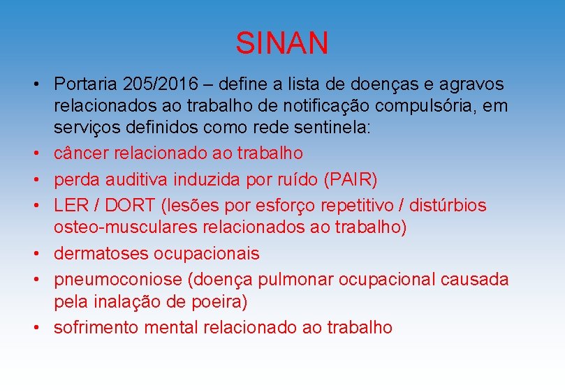 SINAN • Portaria 205/2016 – define a lista de doenças e agravos relacionados ao