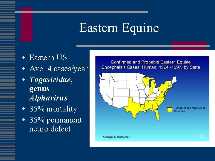 Eastern Equine w Eastern US w Ave. 4 cases/year w Togaviridae, genus Alphavirus w