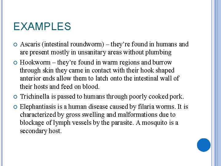 EXAMPLES Ascaris (intestinal roundworm) – they’re found in humans and are present mostly in