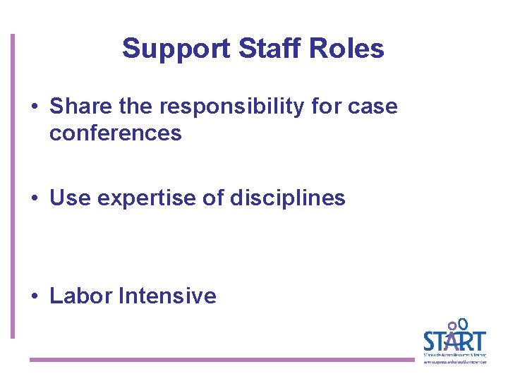 Support Staff Roles • Share the responsibility for case conferences • Use expertise of