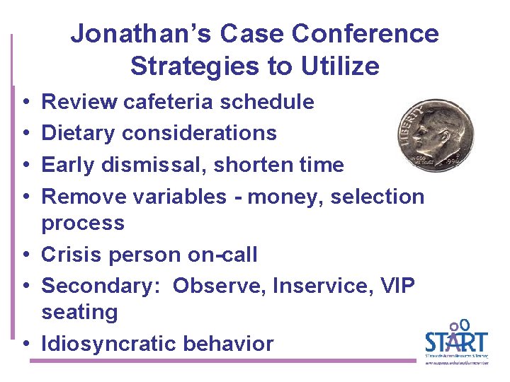 Jonathan’s Case Conference Strategies to Utilize • • Review cafeteria schedule Dietary considerations Early