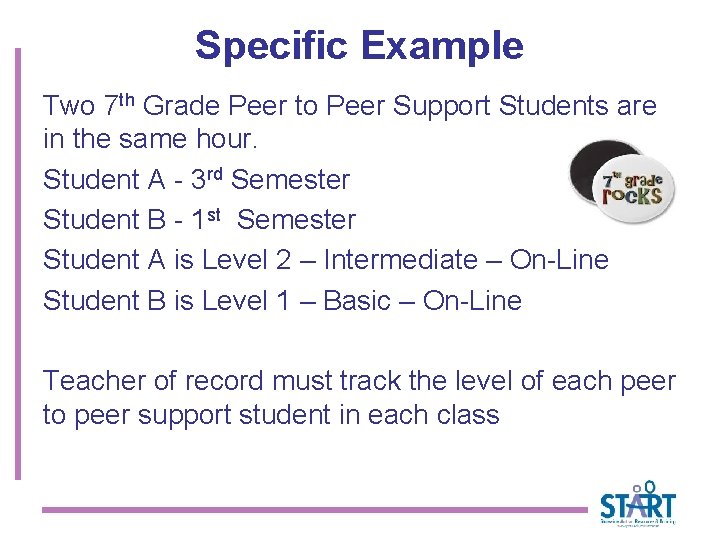 Specific Example Two 7 th Grade Peer to Peer Support Students are in the