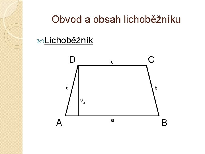 Obvod a obsah lichoběžníku Lichoběžník D c d C b va A a B