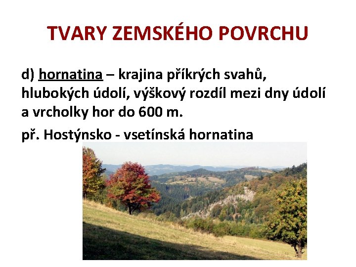 TVARY ZEMSKÉHO POVRCHU d) hornatina – krajina příkrých svahů, hlubokých údolí, výškový rozdíl mezi