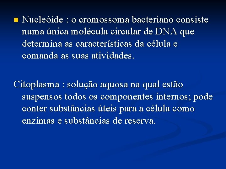 n Nucleóide : o cromossoma bacteriano consiste numa única molécula circular de DNA que