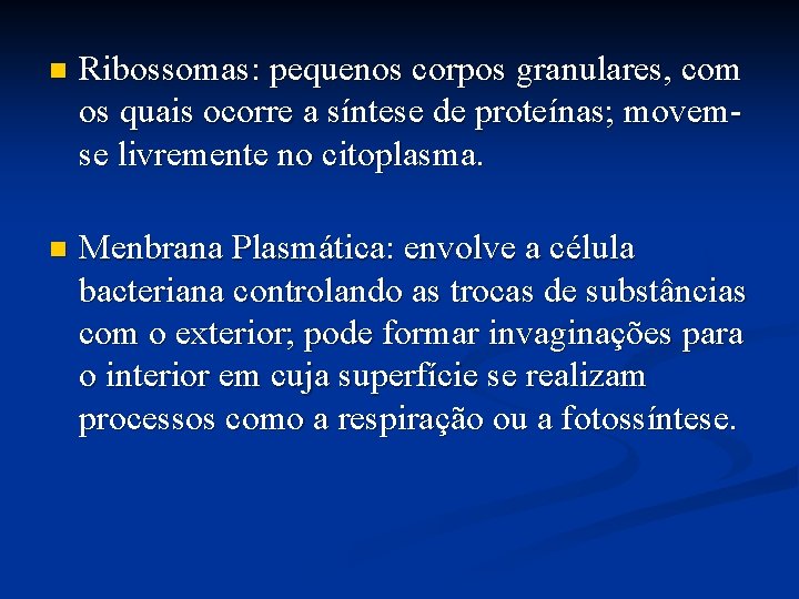 n Ribossomas: pequenos corpos granulares, com os quais ocorre a síntese de proteínas; movemse