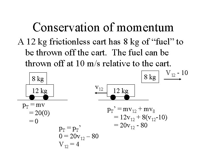 Conservation of momentum A 12 kg frictionless cart has 8 kg of “fuel” to