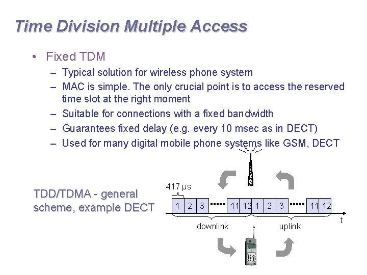 Time Division Multiple Access • Fixed TDM – Typical solution for wireless phone system