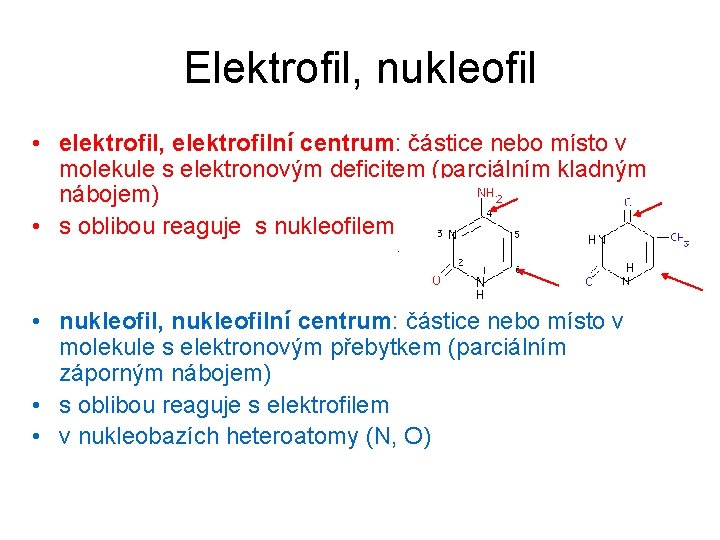 Elektrofil, nukleofil • elektrofil, elektrofilní centrum: částice nebo místo v molekule s elektronovým deficitem