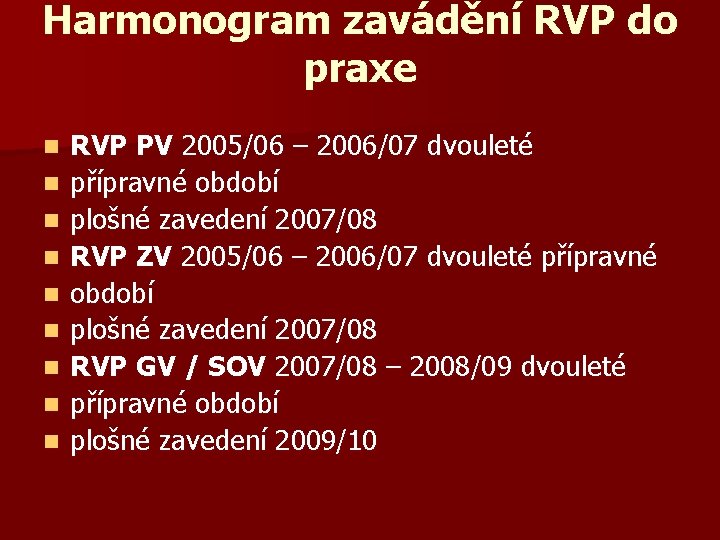 Harmonogram zavádění RVP do praxe n n n n n RVP PV 2005/06 –