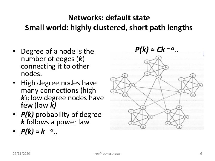 Networks: default state Small world: highly clustered, short path lengths • Degree of a