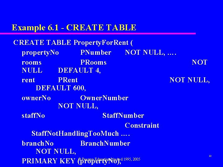 Example 6. 1 - CREATE TABLE Property. For. Rent ( property. No PNumber NOT