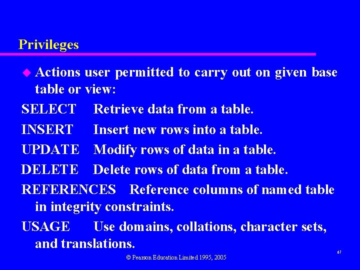 Privileges u Actions user permitted to carry out on given base table or view: