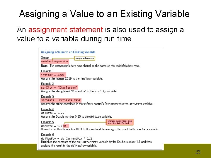 Assigning a Value to an Existing Variable An assignment statement is also used to