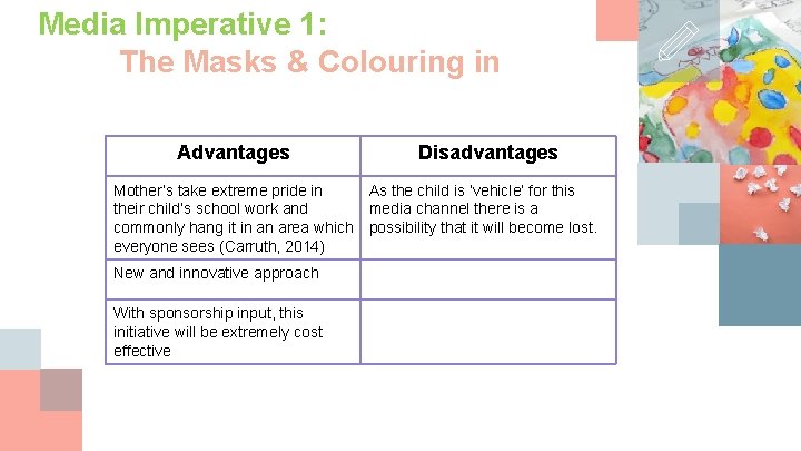 Media Imperative 1: The Masks & Colouring in Advantages Disadvantages Mother’s take extreme pride