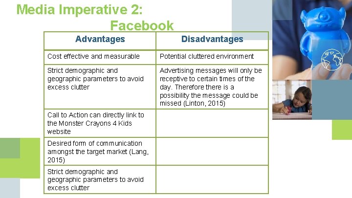 Media Imperative 2: Facebook Advantages Disadvantages Cost effective and measurable Potential cluttered environment Strict