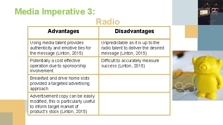 Media Imperative 3: Radio Advantages Disadvantages Using media talent provides authenticity and emotive ties