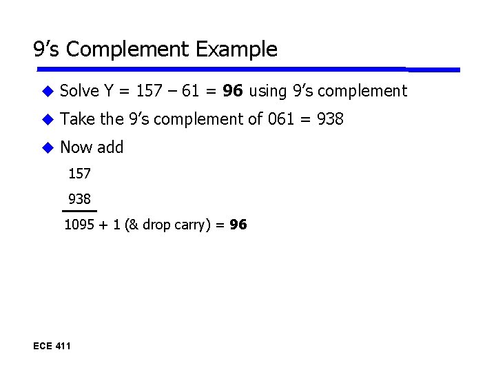 9’s Complement Example Solve Y = 157 – 61 = 96 using 9’s complement