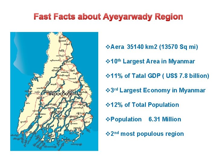 Fast Facts about Ayeyarwady Region v. Aera 35140 km 2 (13570 Sq mi) v