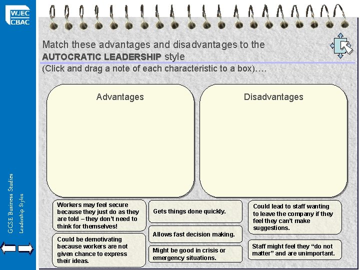 Match these advantages and disadvantages to the AUTOCRATIC LEADERSHIP style (Click and drag a